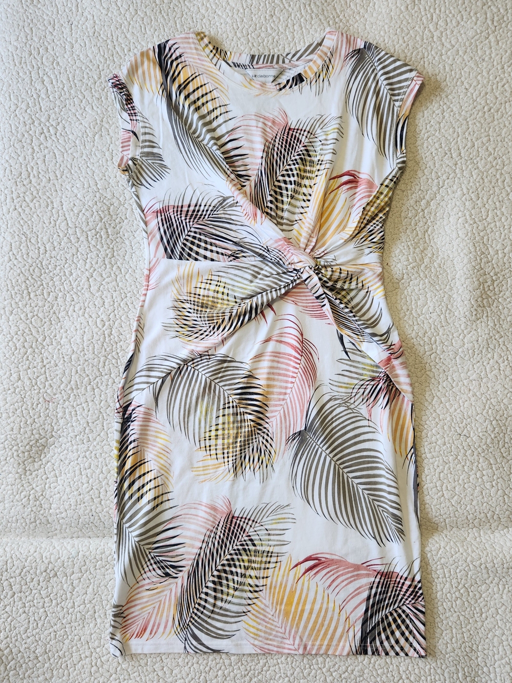 S Liz Claiborne Twist-Front Palm Print White, Pink, & Yellow Sheath Dress